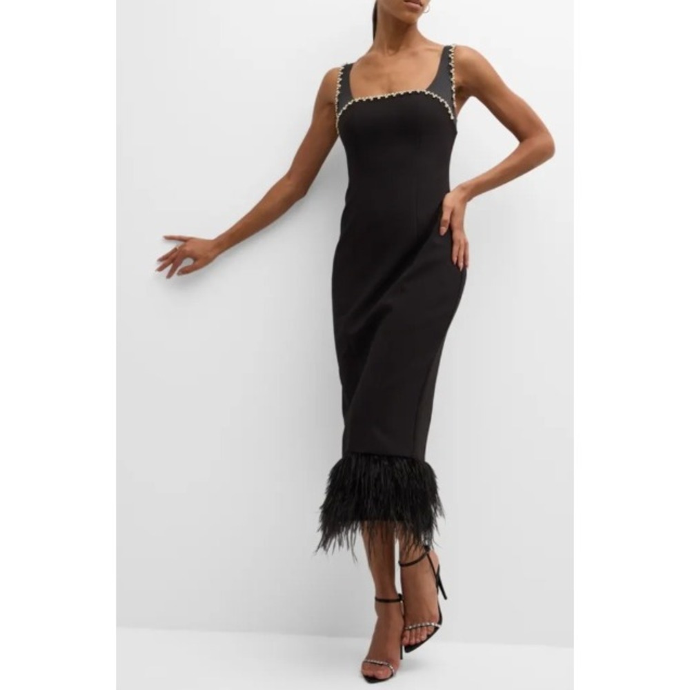 Likely Black Crystal Feather Hem Midi Dress Womens Size 0 Cocktail ($428)
